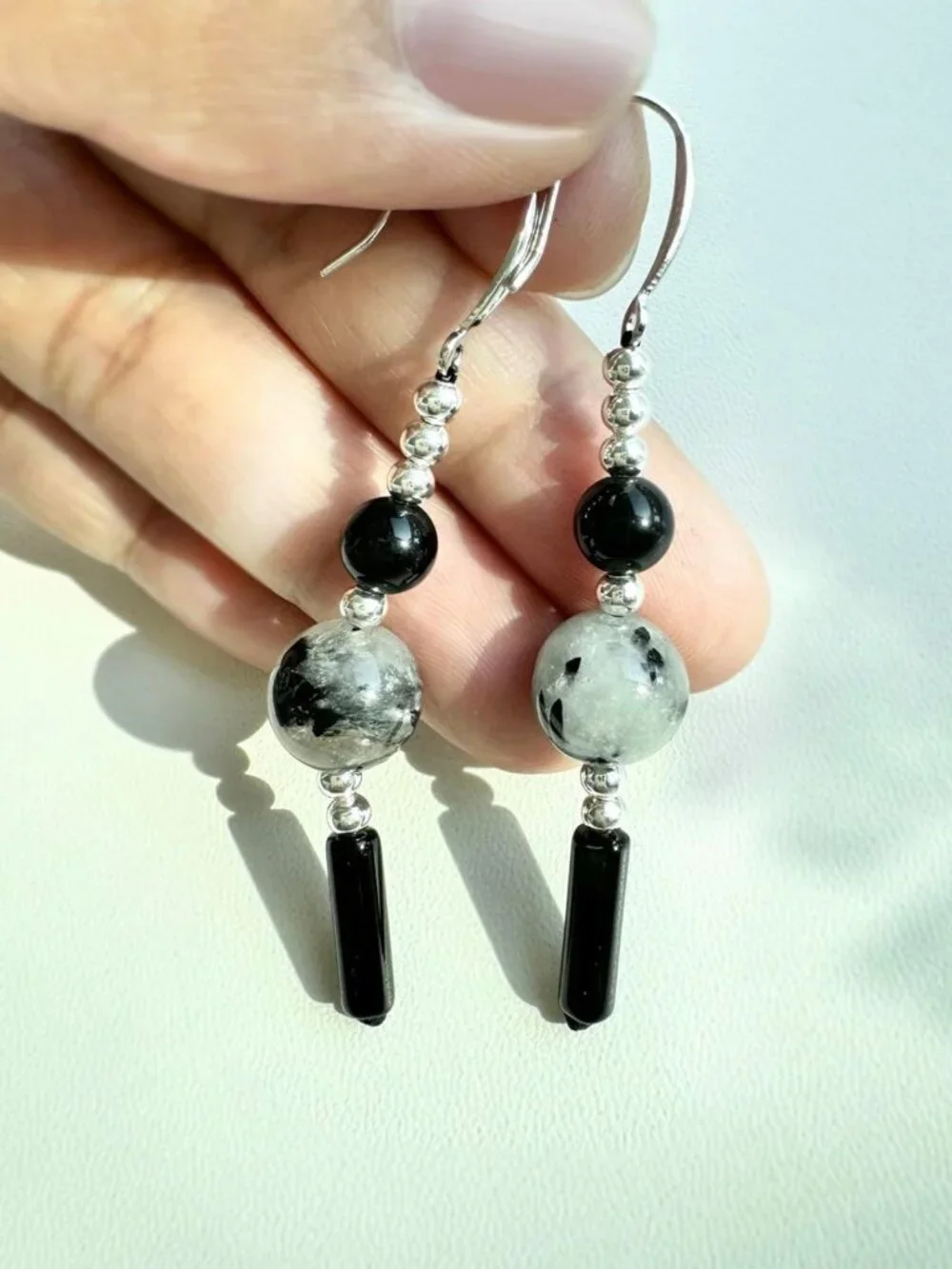 Trendy 925 Sterling Silver Dangle Earrings with Obsidian & Rutilated Quartz